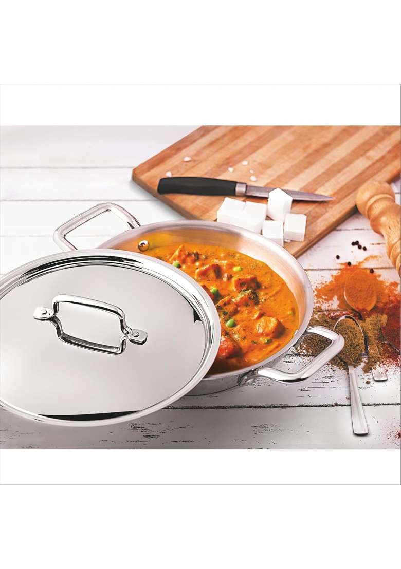 coconut Stainless Steel Fusion Series Triply Kadai Wok with Stainless Steel Lid- 1 Unit | 2000 ml | 67.6 fl oz | 24 cm | 9.4 Inch - Indya