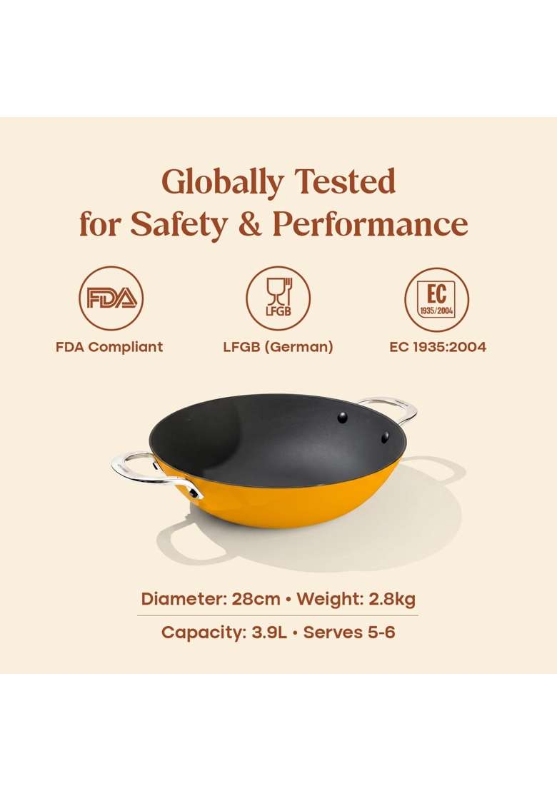 CUMIN CO. Enamel Cast Iron Kadai Wok LITE with Lid | 2 L | 2.1 Qt | 24 cm | 9.4 Inch | Induction Compatible | Heavy Bottom | Non-Toxic - Indya