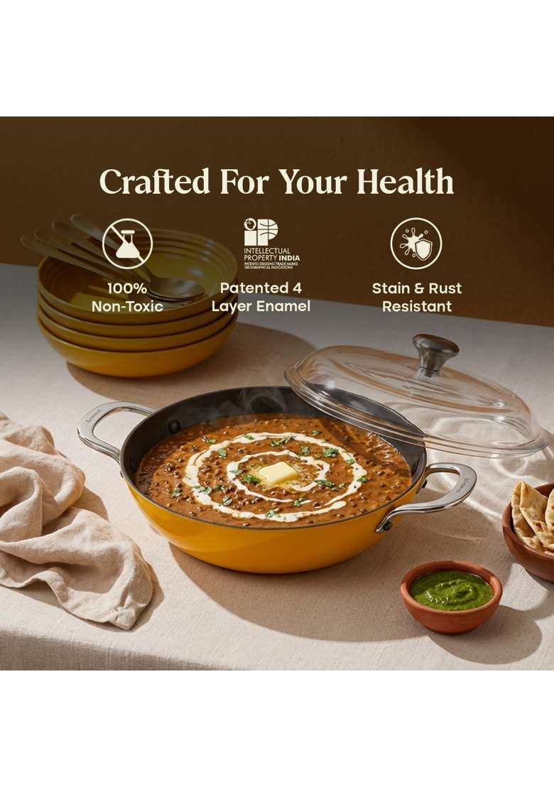 CUMIN CO. Enamel Cast Iron Kadai Wok LITE with Lid | 2 L | 2.1 Qt | 24 cm | 9.4 Inch | Induction Compatible | Heavy Bottom | Non-Toxic - Indya