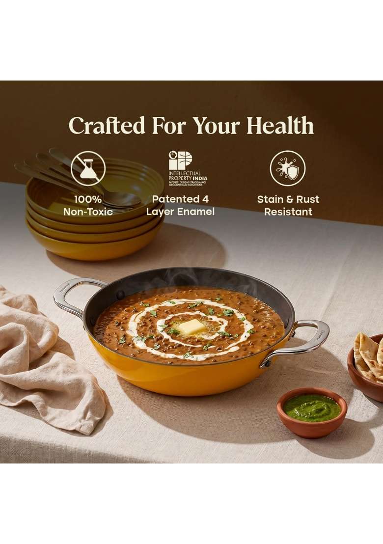 CUMIN CO. Enamel Cast Iron Kadai Wok LITE | 4 L | 4.2 Qt | 28 cm | 11 Inch | Induction Compatible | Heavy Bottom | Non-Toxic - Indya