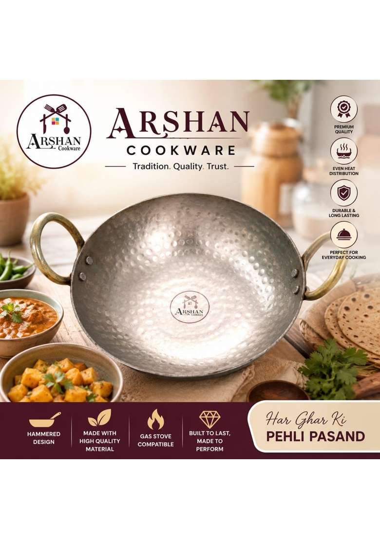 ARSHAN COOKWARE Pure Iron Matthar Kadhai | 400 ml | 13.5 fl oz | 22 cm | 8.7 Inch | Hammered Finish - Indya