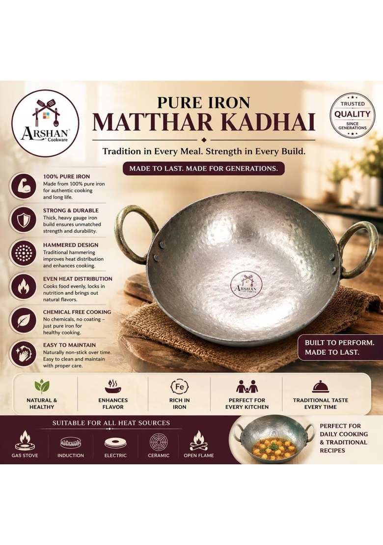 ARSHAN COOKWARE Pure Iron Matthar Kadhai | 400 ml | 13.5 fl oz | 22 cm | 8.7 Inch | Hammered Finish - Indya