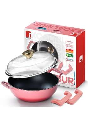 BERGNER Excalibur Lightweight Cast Iron Kadai Wok with Glass Lid | 2.5 L | 2.6 Qt | 24 cm | 9.4 Inch | Induction Compatible