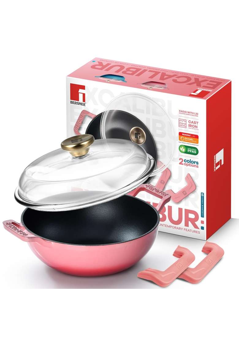 BERGNER Excalibur Lightweight Cast Iron Kadai Wok with Glass Lid | 2.5 L | 2.6 Qt | 24 cm | 9.4 Inch | Induction Compatible - Indya