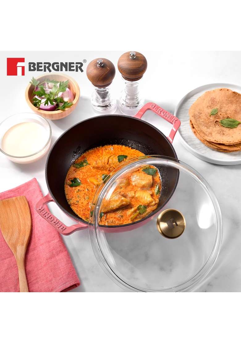 BERGNER Excalibur Lightweight Cast Iron Kadai Wok with Glass Lid | 2.5 L | 2.6 Qt | 24 cm | 9.4 Inch | Induction Compatible - Indya