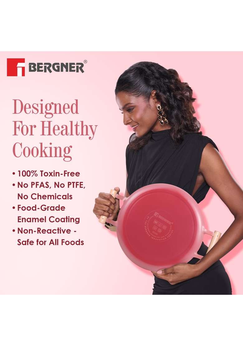 BERGNER Excalibur Lightweight Cast Iron Kadai Wok with Glass Lid | 2.5 L | 2.6 Qt | 24 cm | 9.4 Inch | Induction Compatible - Indya