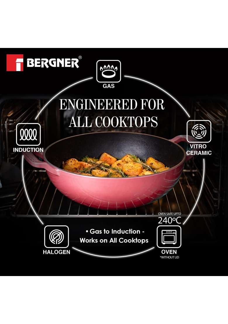 BERGNER Excalibur Lightweight Cast Iron Kadai Wok with Glass Lid | 2.5 L | 2.6 Qt | 24 cm | 9.4 Inch | Induction Compatible - Indya