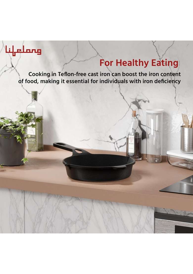Lifelong Cast Iron Fry Pan | 2 L | 2.1 Qt | 8 Inch | Induction Compatible | Pre-Seasoned | Non-Stick - Indya