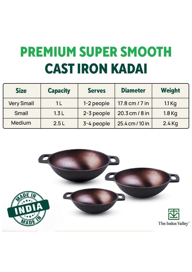 The Indus Valley Super Smooth Cast Iron Kadai Wok | 2.5 L | 2.6 Qt | 25.4 cm | 10 Inch | Non-Toxic | Pre-Seasoned | Non-Stick - Indya