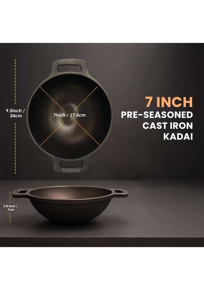 SOLARA Pre Seasoned Cast Iron Kadhai Wok | 1 L | 1.1 Qt | 17 cm | 6.7 Inch | Non-Toxic | Non-Stick - Indya