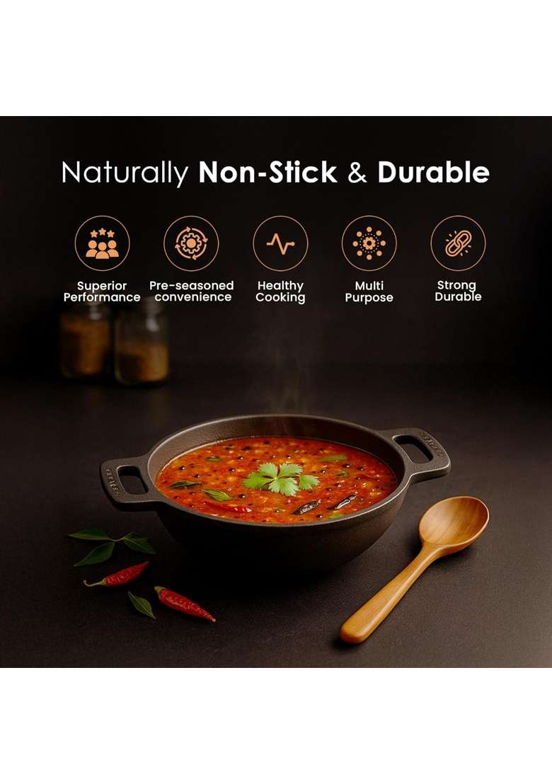 SOLARA Pre Seasoned Cast Iron Kadhai Wok | 1 L | 1.1 Qt | 17 cm | 6.7 Inch | Non-Toxic | Non-Stick - Indya