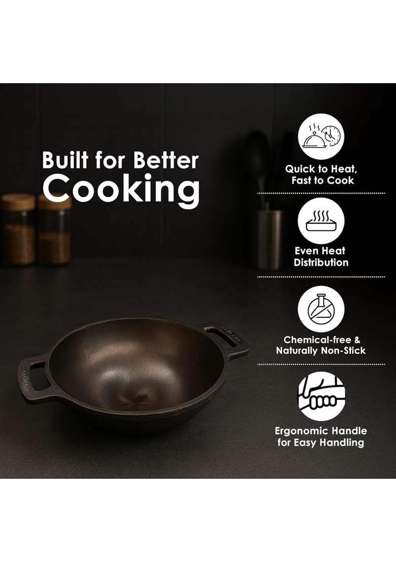 SOLARA Pre Seasoned Cast Iron Kadhai Wok | 1 L | 1.1 Qt | 17 cm | 6.7 Inch | Non-Toxic | Non-Stick - Indya
