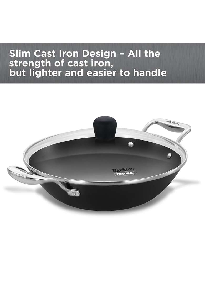 Hawkins Futura Slim Cast Iron Kadhai Wok | 2.5 L | 2.6 Qt | Induction Compatible | With Lid - Indya