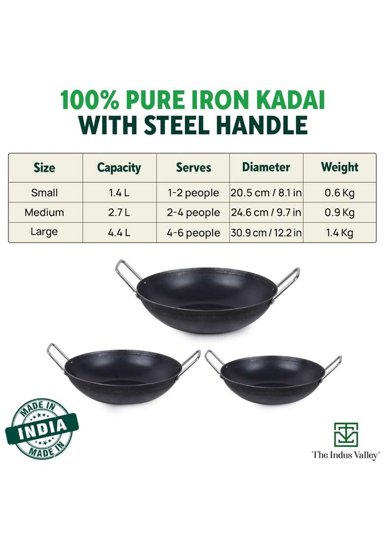 The Indus Valley Pre-Seasoned Iron Kadai Wok with Strong Handles | 2 L | 2.1 Qt | 25 cm | 9.8 Inch | Induction Compatible | Non-Toxic - Indya