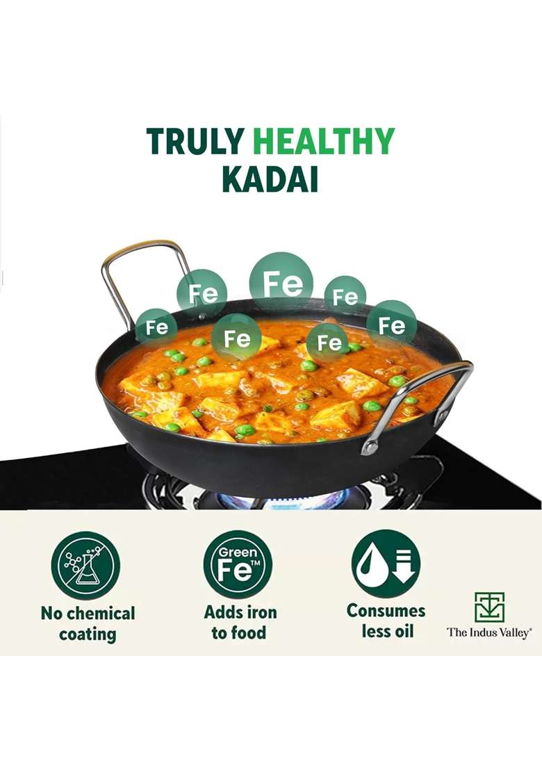 The Indus Valley Pre-Seasoned Iron Kadai Wok with Strong Handles | 2 L | 2.1 Qt | 25 cm | 9.8 Inch | Induction Compatible | Non-Toxic - Indya
