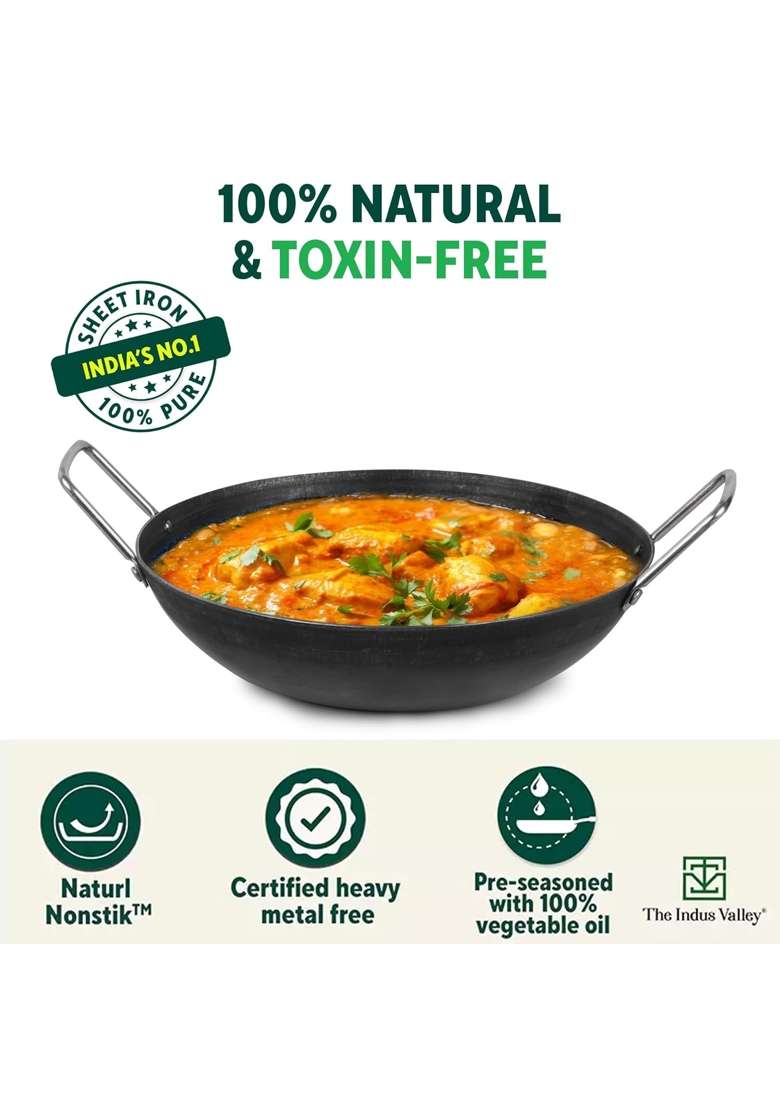 The Indus Valley Pre-Seasoned Iron Kadai Wok with Strong Handles | 2 L | 2.1 Qt | 25 cm | 9.8 Inch | Induction Compatible | Non-Toxic - Indya