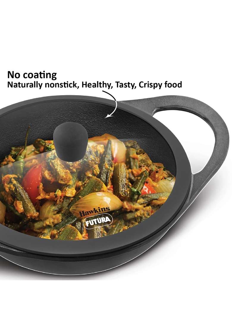 Hawkins Futura Cast Iron Kadhai Wok | 2 L | 2.1 Qt | Non-Stick | With Lid - Indya