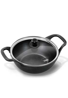 Hawkins Cast Iron Kadhai with Glass Lid | 2.5 L | 2.6 Qt | Induction Compatible | Pre-Seasoned | Non-Stick