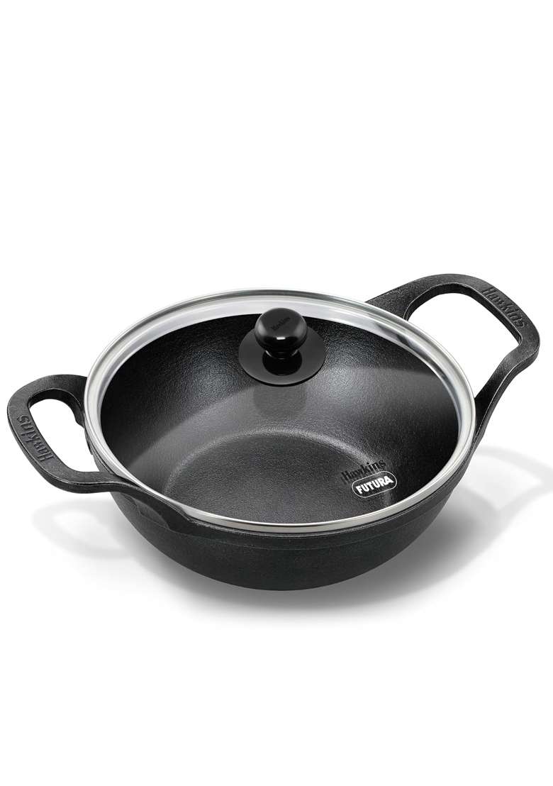 Hawkins Cast Iron Kadhai with Glass Lid | 2.5 L | 2.6 Qt | Induction Compatible | Pre-Seasoned | Non-Stick - Indya