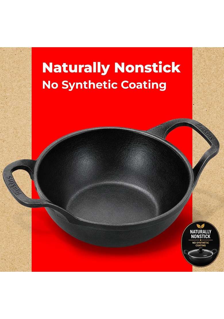 Hawkins Cast Iron Kadhai with Glass Lid | 2.5 L | 2.6 Qt | Induction Compatible | Pre-Seasoned | Non-Stick - Indya