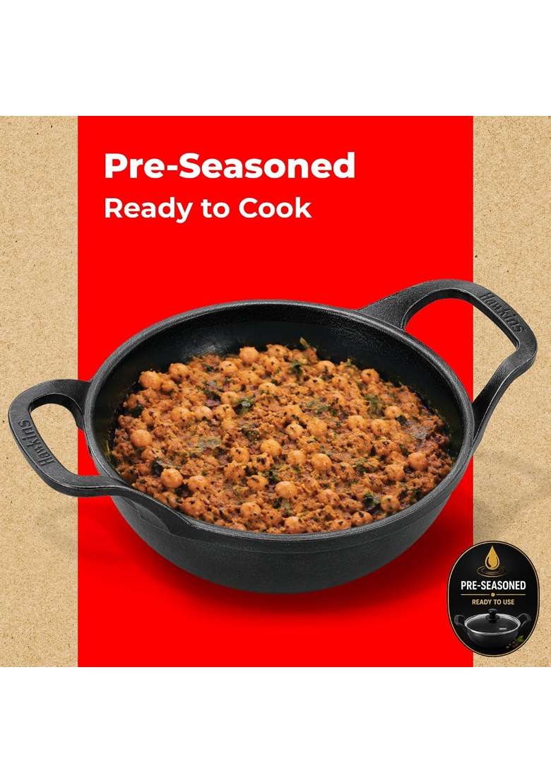 Hawkins Cast Iron Kadhai with Glass Lid | 2.5 L | 2.6 Qt | Induction Compatible | Pre-Seasoned | Non-Stick - Indya