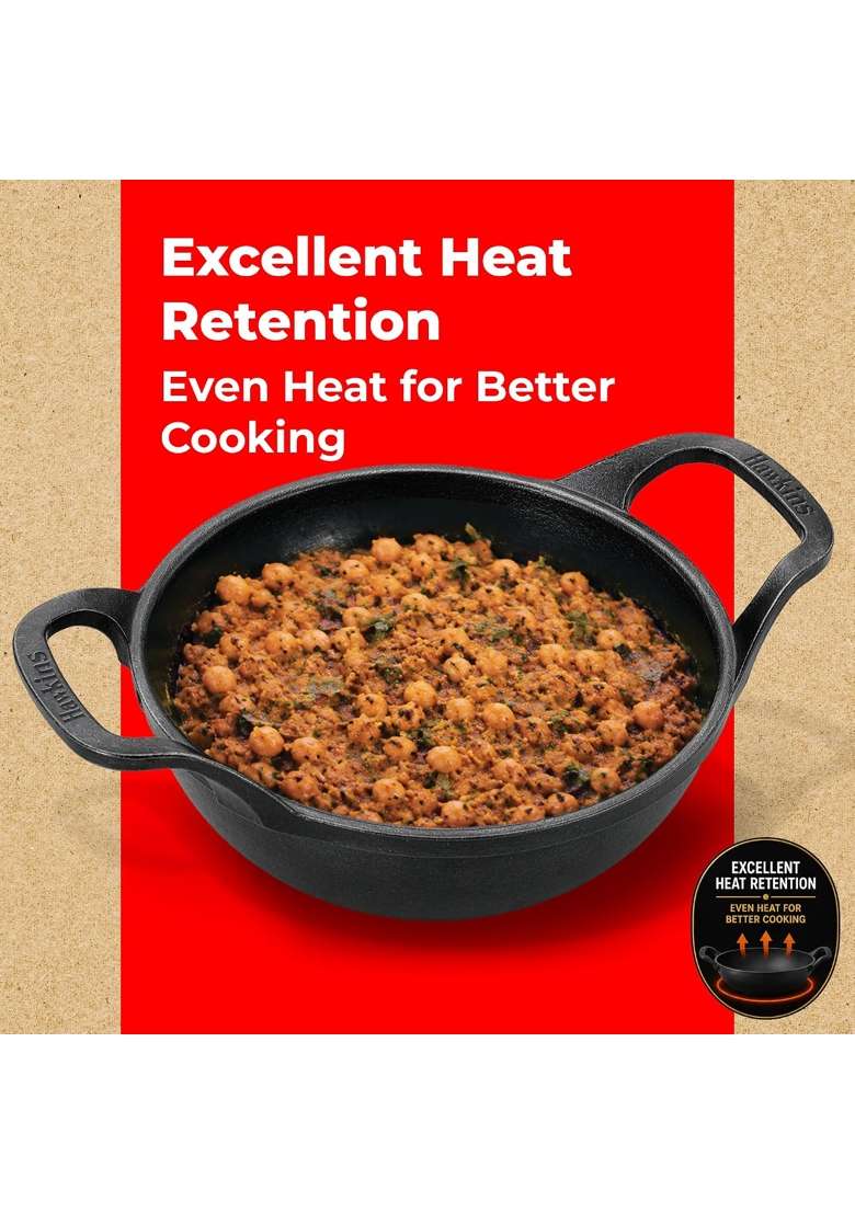 Hawkins Cast Iron Kadhai with Glass Lid | 2.5 L | 2.6 Qt | Induction Compatible | Pre-Seasoned | Non-Stick - Indya