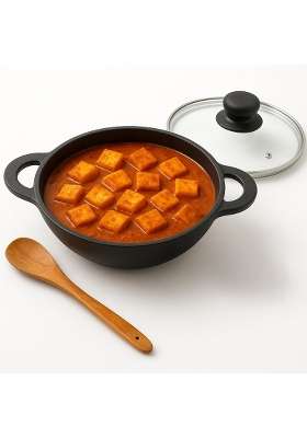 Lifelong Cast Iron Kadhai Wok with Glass Lid and Wooden Spatula | 1.8 L | 1.9 Qt | 20 cm | 7.9 Inch | Pre-Seasoned | Non-Stick