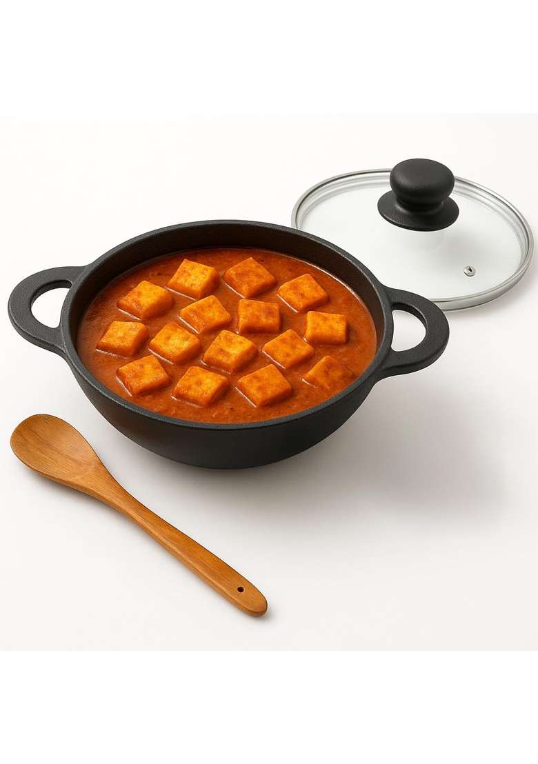 Lifelong Cast Iron Kadhai Wok with Glass Lid and Wooden Spatula | 1.8 L | 1.9 Qt | 20 cm | 7.9 Inch | Pre-Seasoned | Non-Stick - Indya