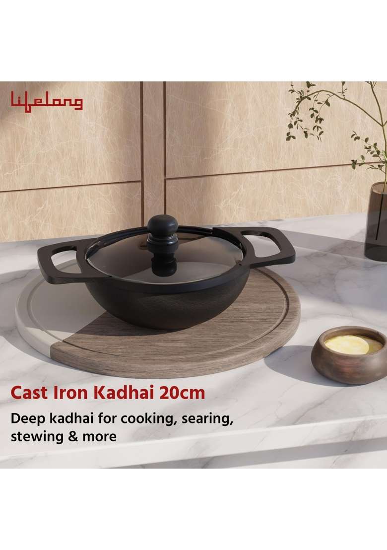 Lifelong Cast Iron Kadhai Wok with Glass Lid and Wooden Spatula | 1.8 L | 1.9 Qt | 20 cm | 7.9 Inch | Pre-Seasoned | Non-Stick - Indya