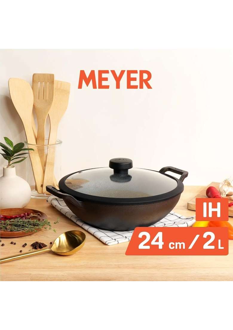 Meyer Pre Seasoned Cast Iron Kadai Wok | 4.5 L | 4.8 Qt | 30 cm | 11.8 Inch | Induction Compatible | Heavy Bottom | With Lid - Indya