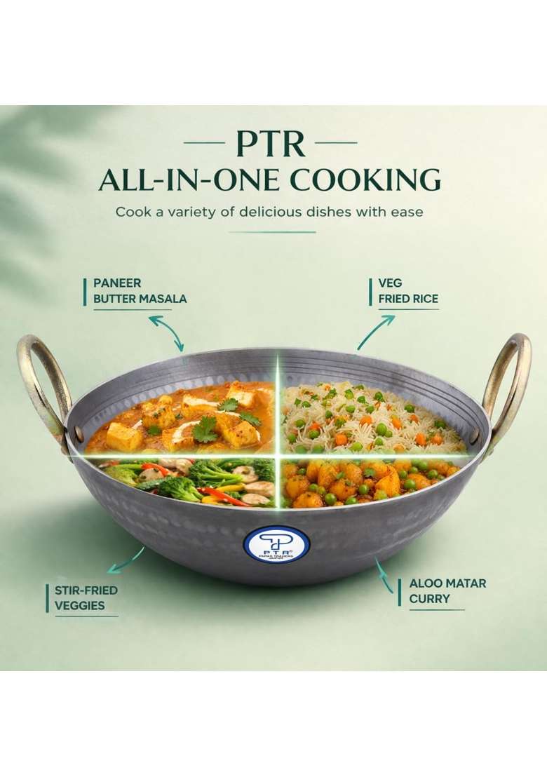 PTR Smooth Edge Iron Kadai Wok Food Grade Hammered Heavy Base Lohe Ki Kadhai Metal | 1.5 L | 1.6 Qt | 10.25 Inch | Induction Compatible - Indya