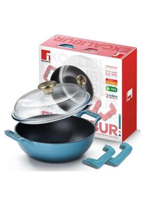 BERGNER Excalibur Lightweight Cast Iron Kadai Wok with Glass Lid | 2.5 L | 2.6 Qt | 24 cm | 9.4 Inch | Induction Compatible