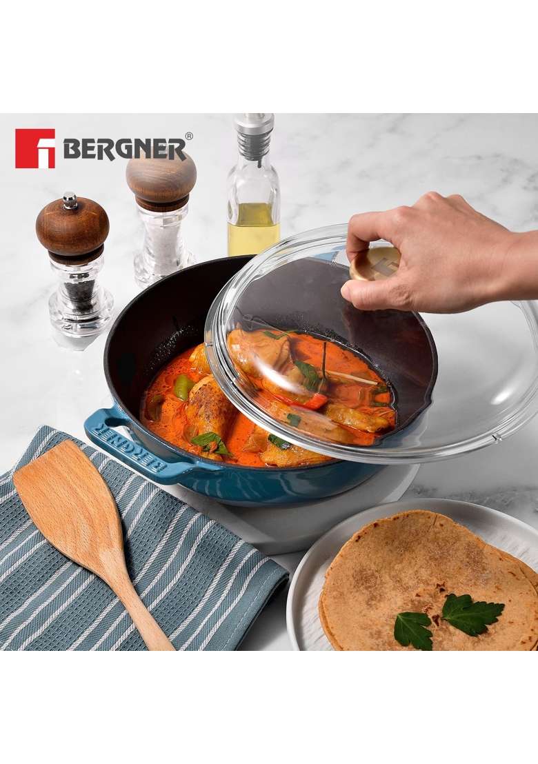 BERGNER Excalibur Lightweight Cast Iron Kadai Wok with Glass Lid | 2.5 L | 2.6 Qt | 24 cm | 9.4 Inch | Induction Compatible - Indya