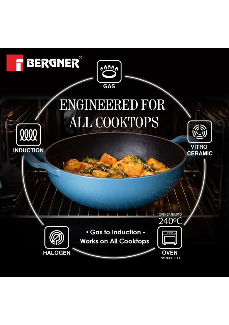 BERGNER Excalibur Lightweight Cast Iron Kadai Wok with Glass Lid | 2.5 L | 2.6 Qt | 24 cm | 9.4 Inch | Induction Compatible - Indya