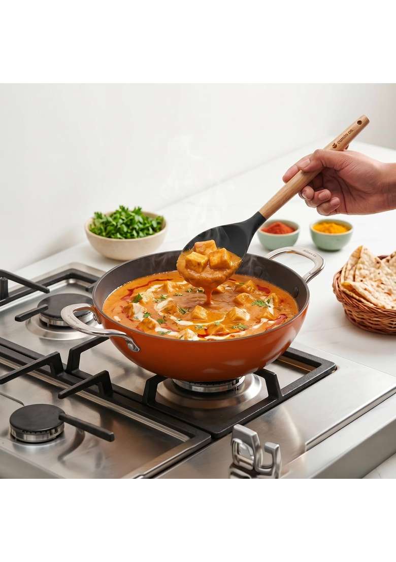 CUMIN CO. Enamel Cast Iron Kadai Wok LITE with Lid | 2 L | 2.1 Qt | 24 cm | 9.4 Inch | Induction Compatible | Heavy Bottom | Non-Toxic - Indya