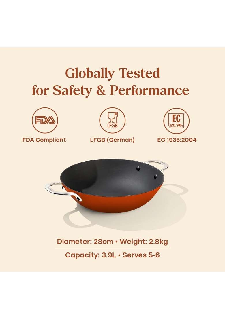 CUMIN CO. Enamel Cast Iron Kadai Wok LITE with Lid | 2 L | 2.1 Qt | 24 cm | 9.4 Inch | Induction Compatible | Heavy Bottom | Non-Toxic - Indya