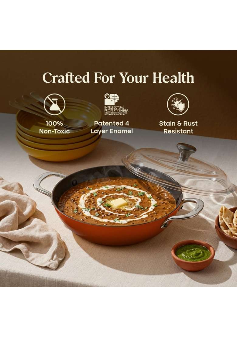 CUMIN CO. Enamel Cast Iron Kadai Wok LITE with Lid | 2 L | 2.1 Qt | 24 cm | 9.4 Inch | Induction Compatible | Heavy Bottom | Non-Toxic - Indya
