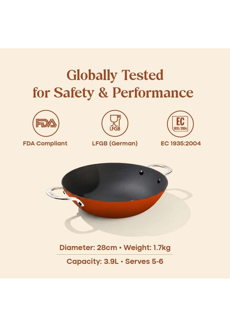 CUMIN CO. Enamel Cast Iron Kadai Wok LITE | 2 L | 2.1 Qt | 24 cm | 9.4 Inch | Induction Compatible | Heavy Bottom | Non-Toxic - Indya