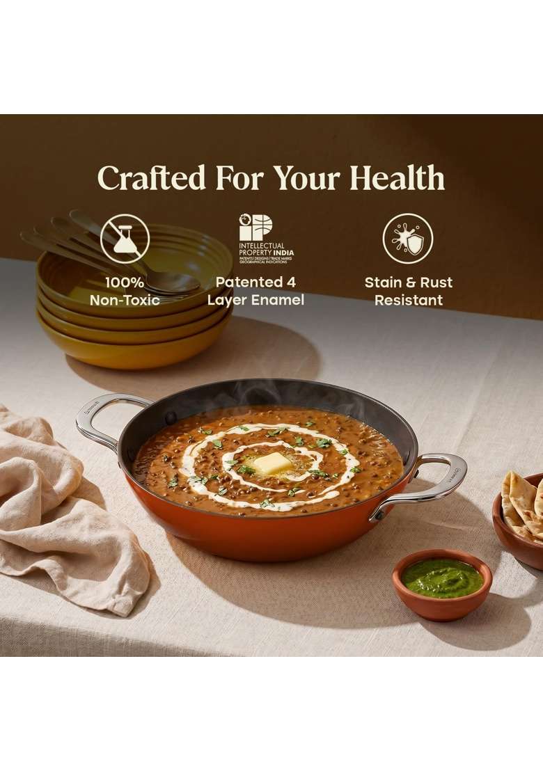 CUMIN CO. Enamel Cast Iron Kadai Wok LITE | 2 L | 2.1 Qt | 24 cm | 9.4 Inch | Induction Compatible | Heavy Bottom | Non-Toxic - Indya