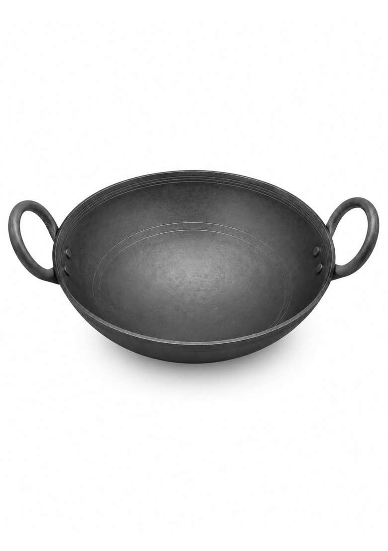 NYRA Natural Traditional Black Iron Kadhai Wok for Cooking Handmade Heavy Base Loha | 1 L | 1.1 Qt - Indya
