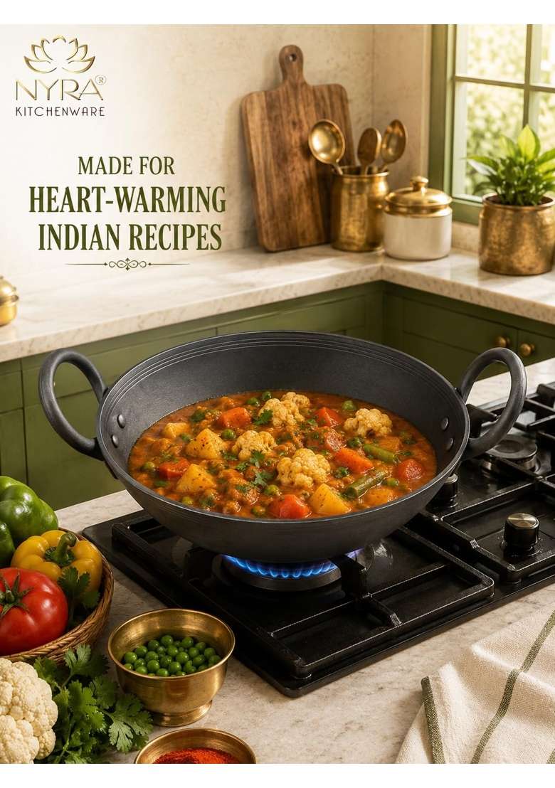 NYRA Natural Traditional Black Iron Kadhai Wok for Cooking Handmade Heavy Base Loha | 1 L | 1.1 Qt - Indya
