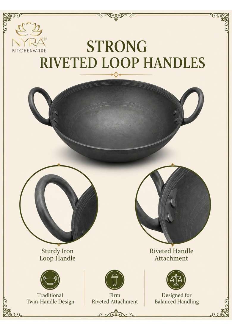 NYRA Natural Traditional Black Iron Kadhai Wok for Cooking Handmade Heavy Base Loha | 1 L | 1.1 Qt - Indya