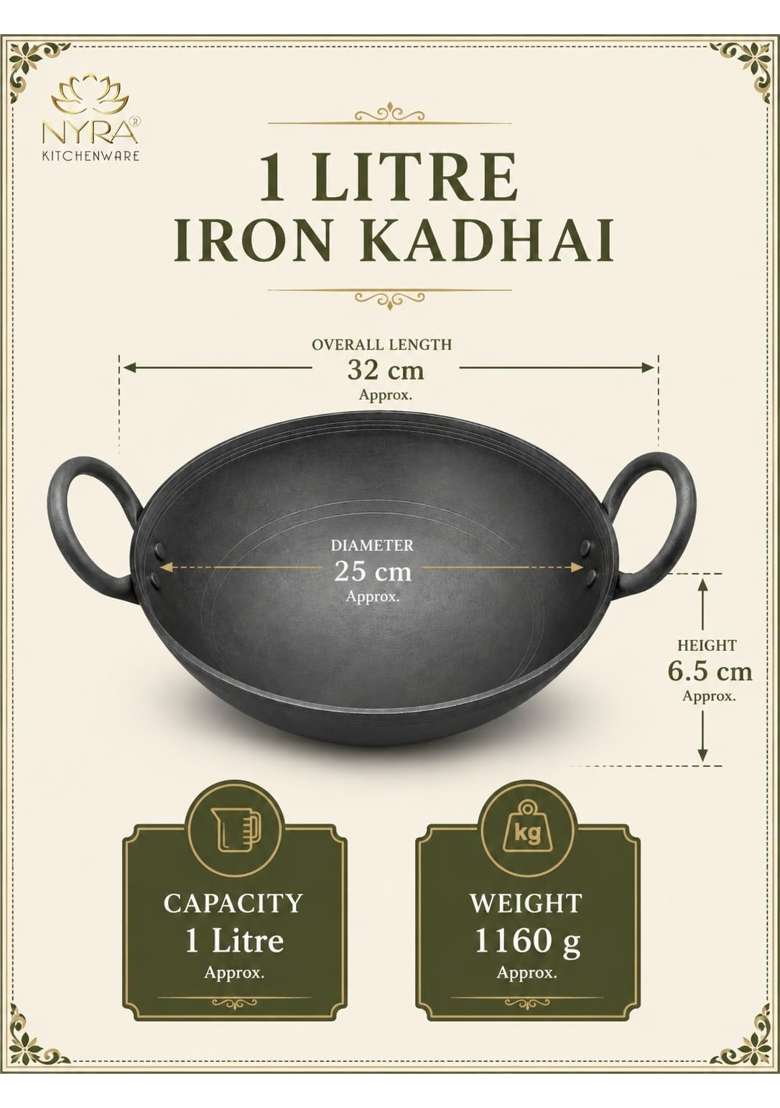 NYRA Natural Traditional Black Iron Kadhai Wok for Cooking Handmade Heavy Base Loha | 1 L | 1.1 Qt - Indya
