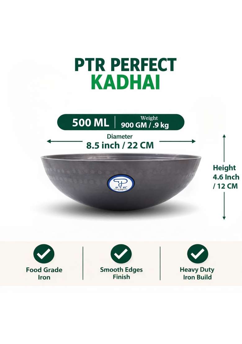 PTR Hammered Iron Kadhai Wok Original Lohe Ki Kadai Handle-Free Deep Frying Pan | 500 ml | 16.9 fl oz | 8.5 Inch | Induction Compatible - Indya