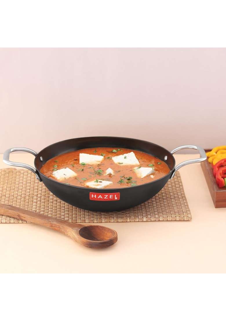 HAZEL Traditional Iron Kadhai Wok Deep Bottom Kadai Frying Kadhai Handmade Loha Lokhand | 3000 ml | 101.4 fl oz | 27 cm | 10.6 Inch - Indya