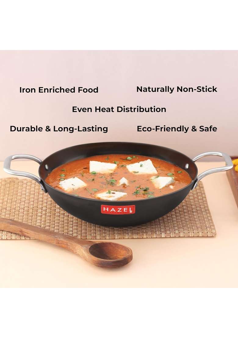 HAZEL Traditional Iron Kadhai Wok Deep Bottom Kadai Frying Kadhai Handmade Loha Lokhand | 3000 ml | 101.4 fl oz | 27 cm | 10.6 Inch - Indya