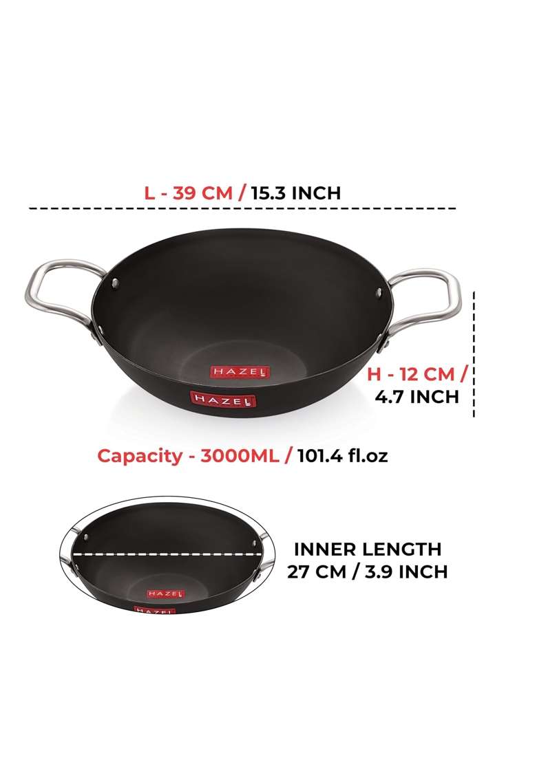 HAZEL Traditional Iron Kadhai Wok Deep Bottom Kadai Frying Kadhai Handmade Loha Lokhand | 3000 ml | 101.4 fl oz | 27 cm | 10.6 Inch - Indya