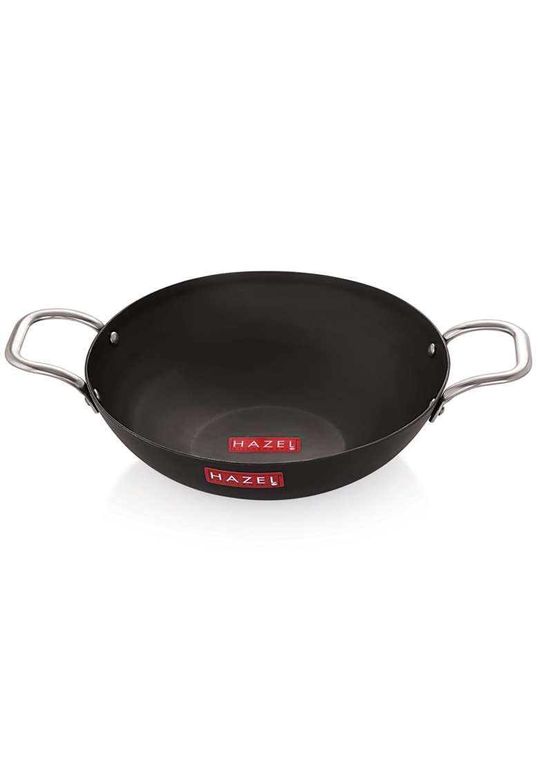 HAZEL Traditional Iron Kadhai Wok Deep Bottom Kadai Frying Kadhai Handmade Loha Lokhand | 3000 ml | 101.4 fl oz | 27 cm | 10.6 Inch - Indya