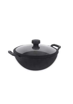 Meyer Pre Seasoned Cast Iron Kadai Wok | 3 L | 3.2 Qt | 24 cm | 9.4 Inch | Induction Compatible | Heavy Bottom | With Lid