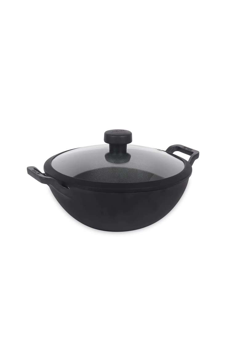 Meyer Pre Seasoned Cast Iron Kadai Wok | 3 L | 3.2 Qt | 24 cm | 9.4 Inch | Induction Compatible | Heavy Bottom | With Lid - Indya